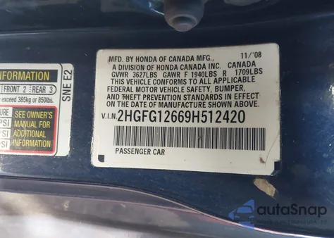 2009 Honda Civic Lx из США, поврежденный, VIN 2HGFG12669H512420